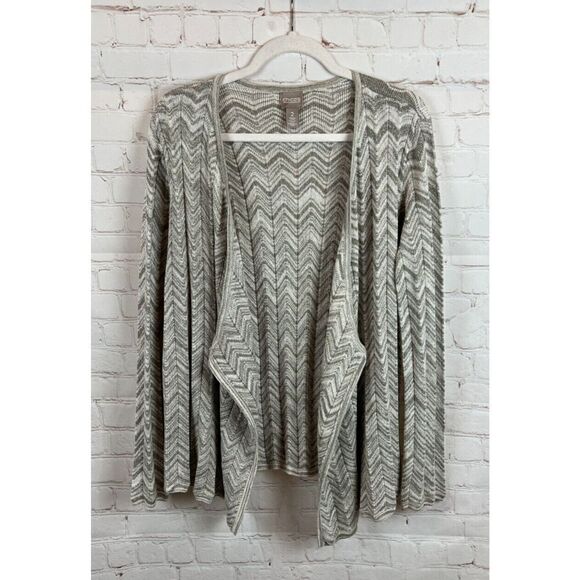 CHICO'S gray zigzag striped knit open front waterfall cardigan sweater 2 L 12-14 - Picture 1 of 7